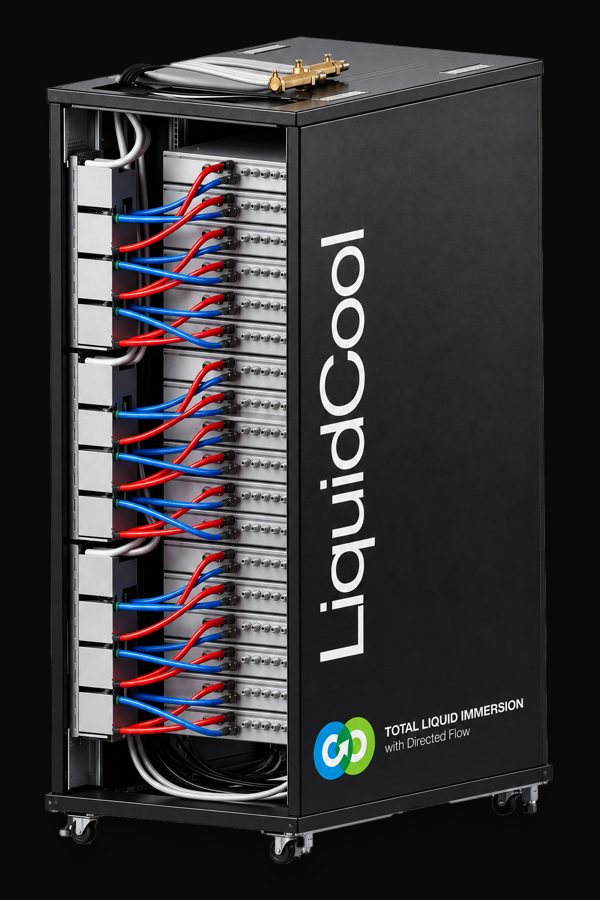 A LiquidCool server rack with red and blue coolant lines running to each sealed server chassis